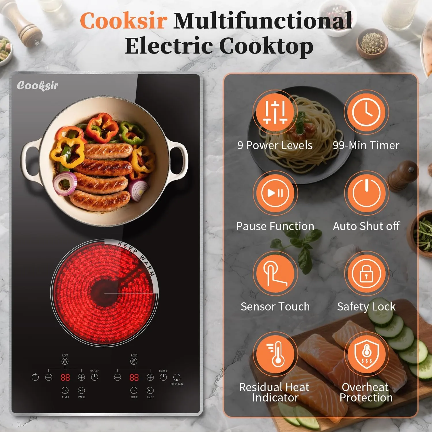 Portable Electric Cooktop 2 Burner, 110V Plug in Electric Stovetop with Protective Full Metal Edge, 12 Inch Countertop & Built-in Ceramic Cooktop with Safety Lock, Timer, Sensor Touch