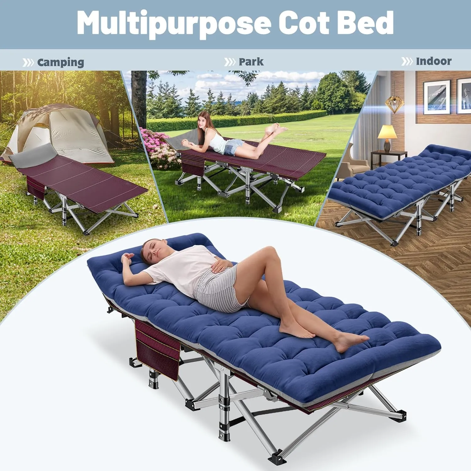 Portable Folding Camping Cot for Adults - Comfortable Sleep Bed with Mattress & Carry Bag for Outdoor Travel, Hiking, Beach, Backpacking, Easy Setup