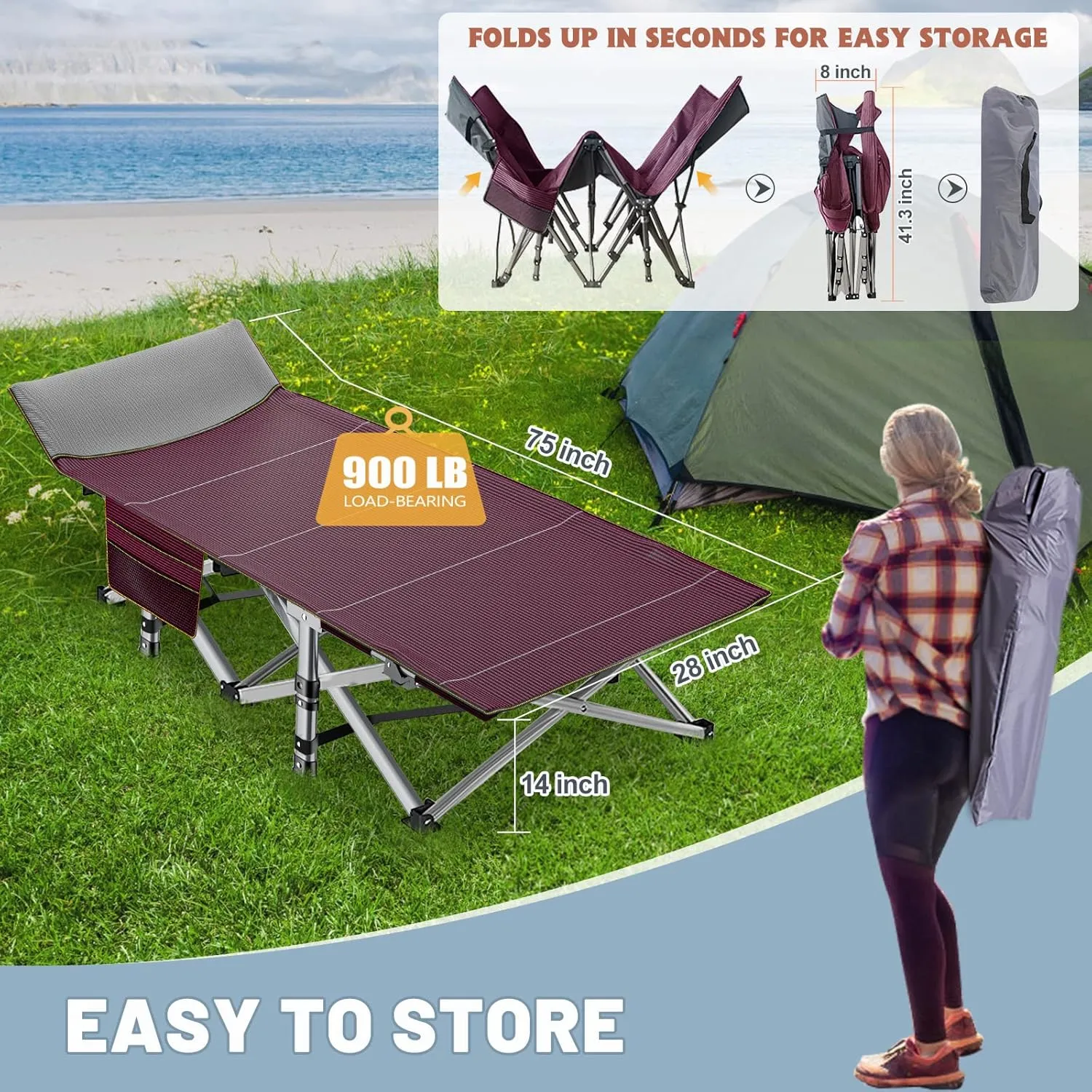 Portable Folding Camping Cot for Adults - Comfortable Sleep Bed with Mattress & Carry Bag for Outdoor Travel, Hiking, Beach, Backpacking, Easy Setup