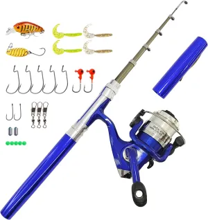 Portable Mini Small Fishing Rod and Spinning Reel Combos, Compact 38inch Pocket Pen Fishing Pole Telescopic with Line Lures Hooks for Raft, River, Lake, Ice Fishing and So On