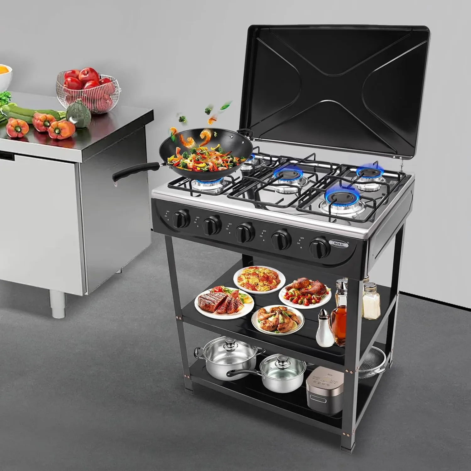 Portable Natural Gas Stove, 5 Burner with Support Leg Stand and Wind Blocking Cover Adapter Manual Ignition Camping Stove for Home Use (Black, 25.2" x 17.52" x 29.73")