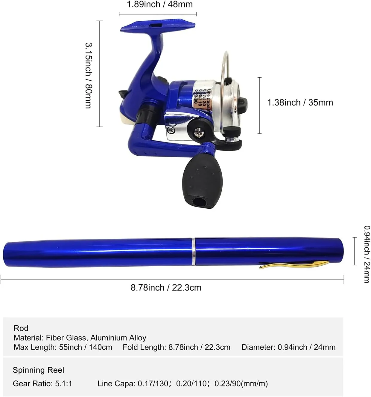 Portable Small Pen Fishing Rod Spinning Reel Combos, 38" 55" Compact Telescopic Fish Pole Kits for All Season Fishing in Rivers, Lakes, Ice, etc.