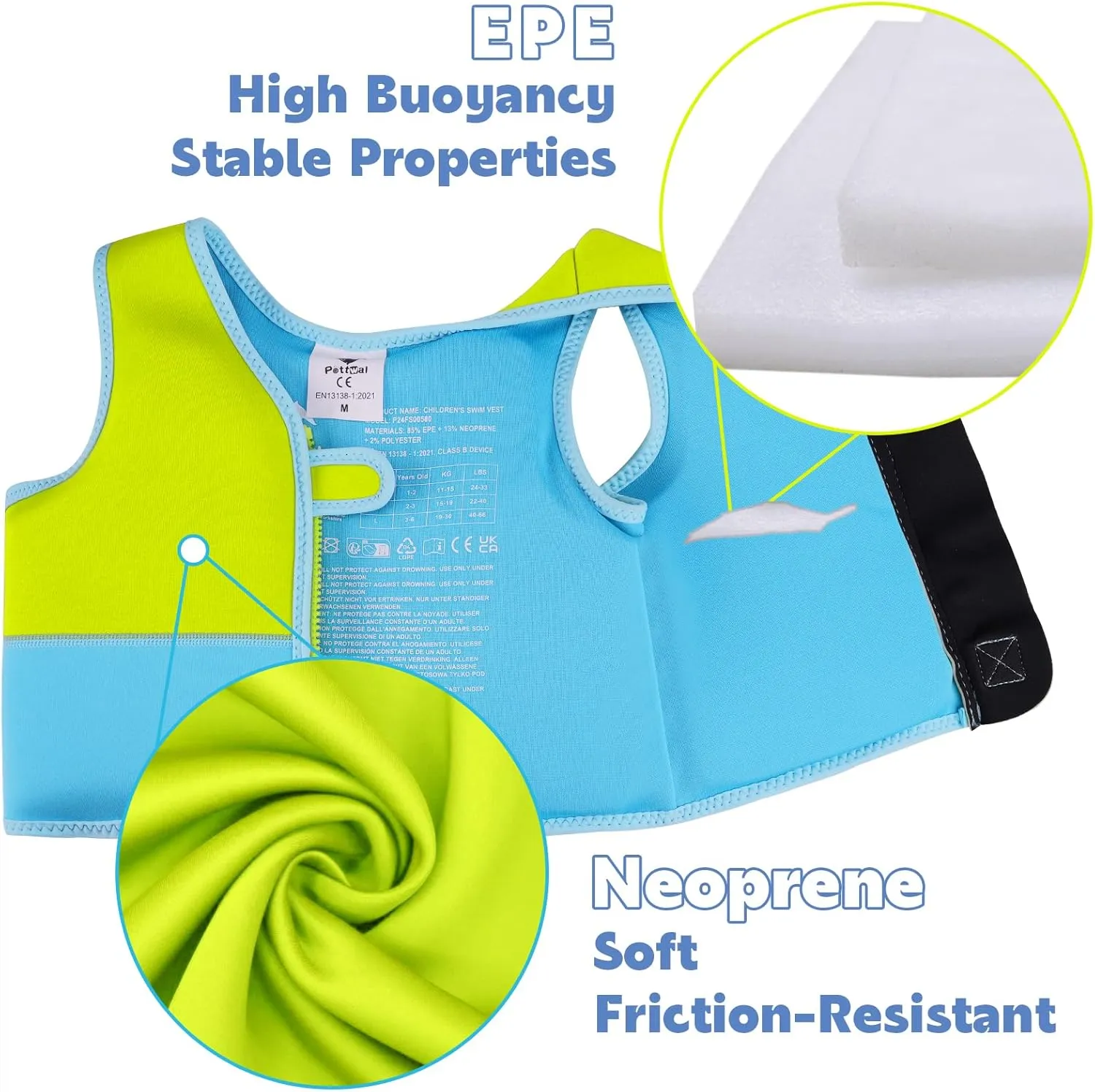 Pottwal Swim Vest for Kids - Swim Jacket for 1-2 Years (24-33LBS) - Buoyancy Aid Made of Neoprene & EPE - with Adjustable Crotch Strap