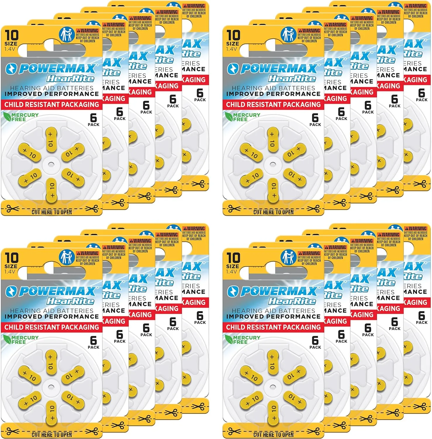 Powermax Size 10 Hearing Aid Batteries, 120 Count Long-Lasting Battery Pack, Yellow Long Tab for Easy Change