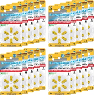 Powermax Size 10 Hearing Aid Batteries, 120 Count Long-Lasting Battery Pack, Yellow Long Tab for Easy Change
