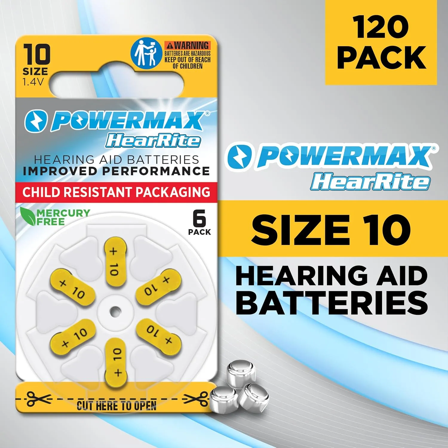 Powermax Size 10 Hearing Aid Batteries, 120 Count Long-Lasting Battery Pack, Yellow Long Tab for Easy Change