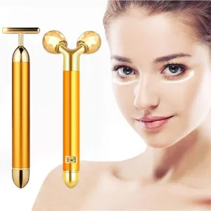 PriceXes 2 in 1 Beauty Bar 24k Golden Pulse Facial Face Massager, Electric T Shape and 3D Face Roller Massager Kit for Face Lift Anti Aging Anti Wrinkles Skin Tightening Face Firming