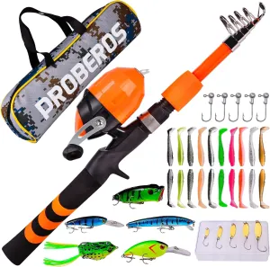 PROBEROS Kids Fishing Pole - Portable Telescopic Fishing Rod and Reel Combo Kit - Spincast Fishing Reel Casting Rods with Lures Lines Tackle Box and Bag for Boys Girls Youth Fishing