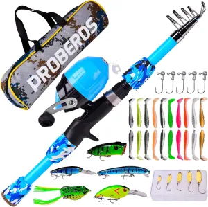 PROBEROS Kids Fishing Pole - Portable Telescopic Fishing Rod and Reel Combo Kit - Spincast Fishing Reel Casting Rods with Lures Lines Tackle Box and Bag for Boys Girls Youth Fishing