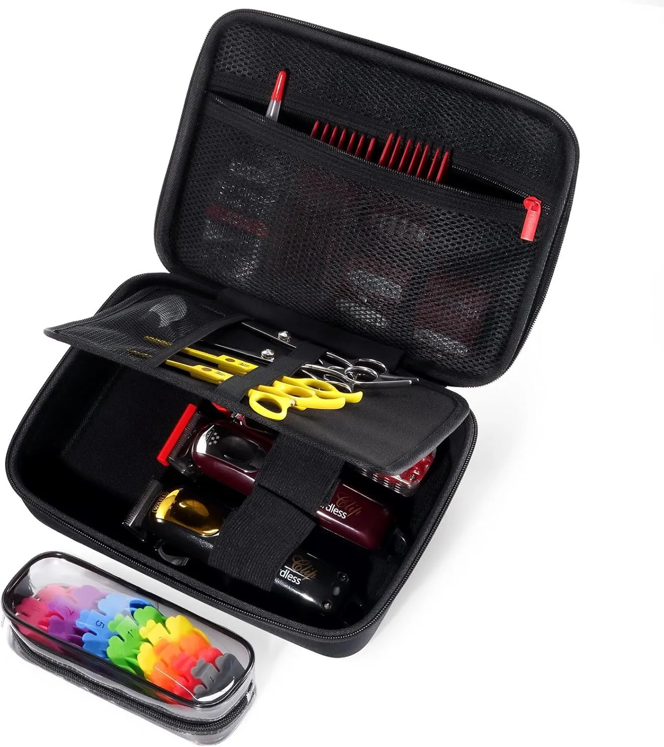 Procase Hard Barber Accessories Case, Travel Bag for 3 Hair Clippers and Supplies, Trimmer Organizer Storage Box with Clear Pouch, Portable Holder for Men Razor Guard Grooming Kits -Black