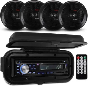 Pyle Wireless Bluetooth Marine Audio Stereo - Kit w/ Single DIN Universal Size Radio Receiver, Hands-Free Calling, 6.5" Waterproof Speakers, CD Player, MP3/USB/SD Readers & AM/FM Radio
