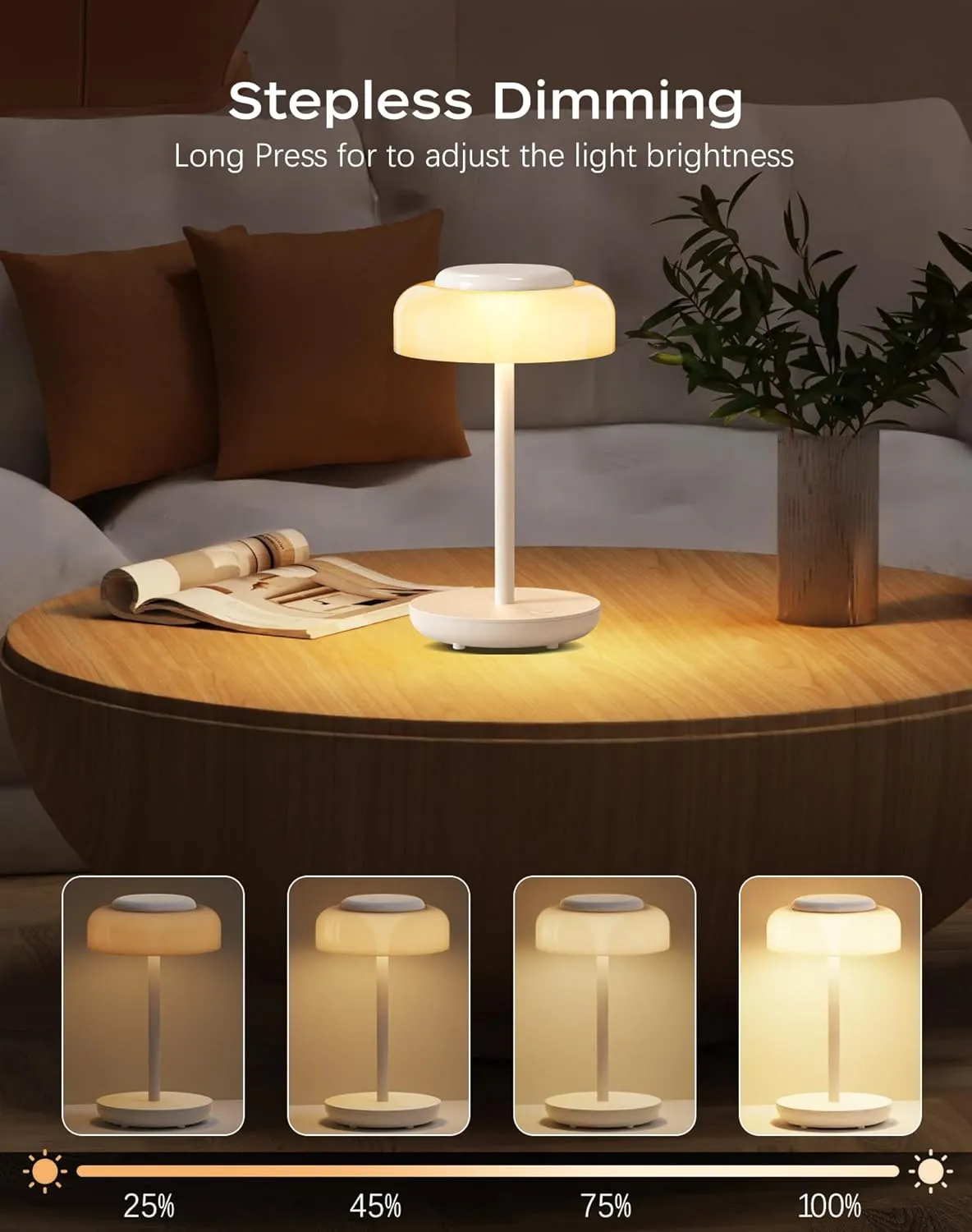 QiMH Battery Operated LED Table Lamp, 5000mAh Rechargeable Cordless Lamp, Stepless Dimmable Touch Control, Small Waterproof Desk Night Light for Living Room, Bedroom, Outdoor Bar (White)