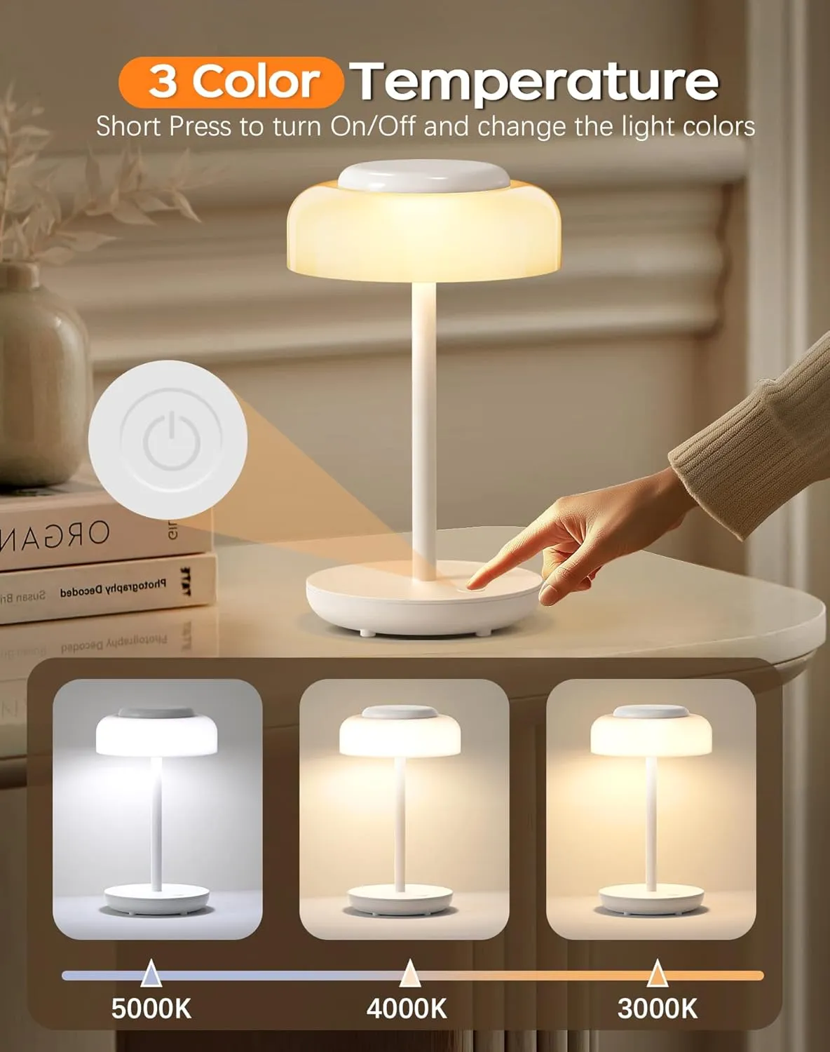 QiMH Battery Operated LED Table Lamp, 5000mAh Rechargeable Cordless Lamp, Stepless Dimmable Touch Control, Small Waterproof Desk Night Light for Living Room, Bedroom, Outdoor Bar (White)