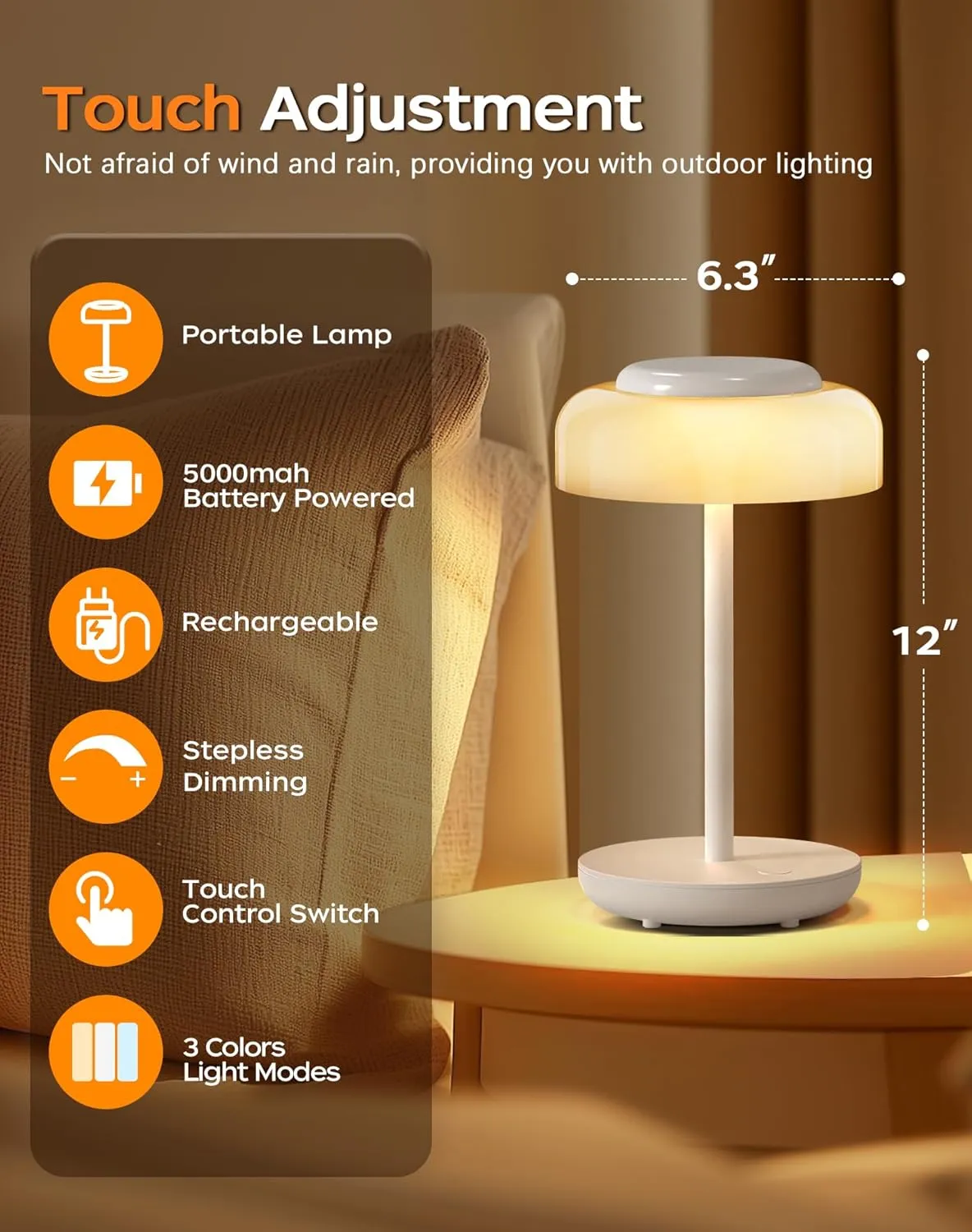 QiMH Battery Operated LED Table Lamp, 5000mAh Rechargeable Cordless Lamp, Stepless Dimmable Touch Control, Small Waterproof Desk Night Light for Living Room, Bedroom, Outdoor Bar (White)