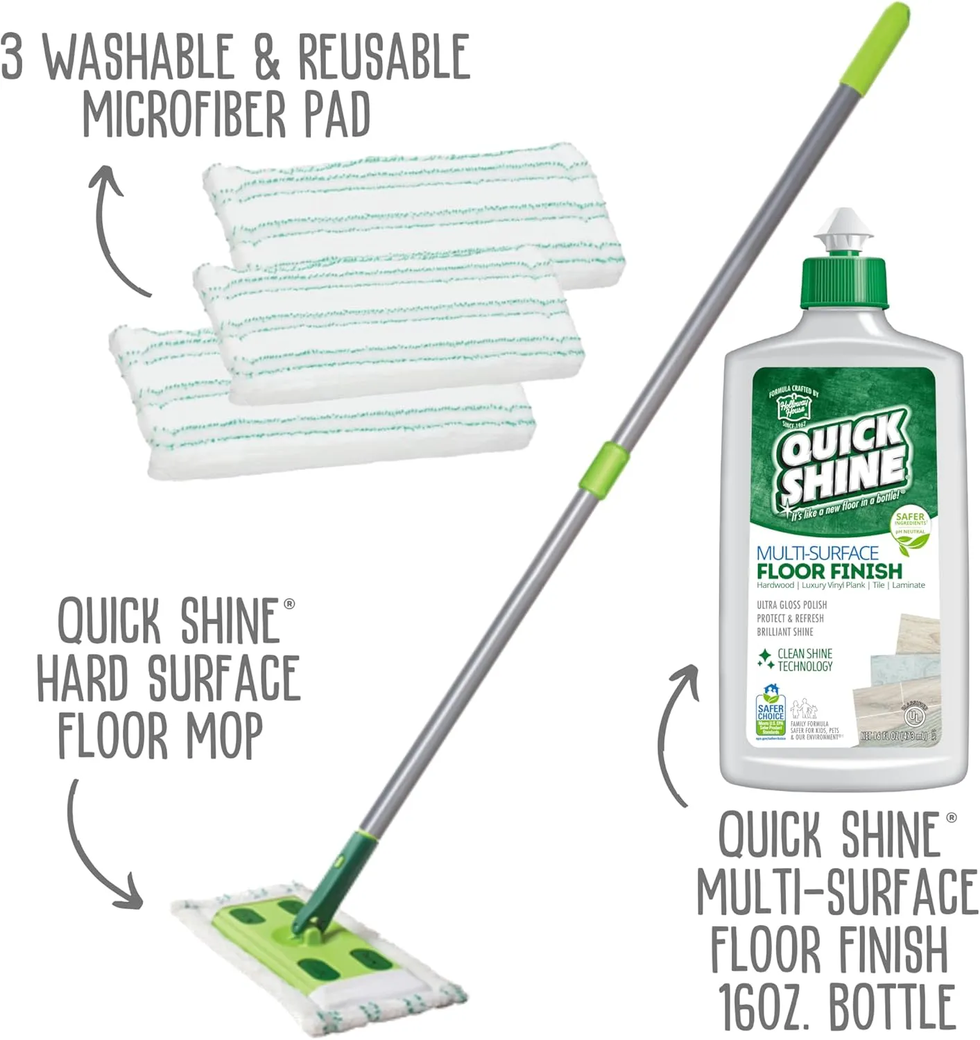 Quick Shine Multi Surface Floor Clean   Polish Mop Kit w/ 3 Reusable Pads & 1-16 oz. Floor Finish | Use Wet   Dry | Hardwood, Luxury Vinyl Plank, Laminate | Safer Choice pH Neutral Formula
