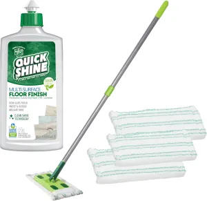 Quick Shine Multi Surface Floor Clean   Polish Mop Kit w/ 3 Reusable Pads & 1-16 oz. Floor Finish | Use Wet   Dry | Hardwood, Luxury Vinyl Plank, Laminate | Safer Choice pH Neutral Formula