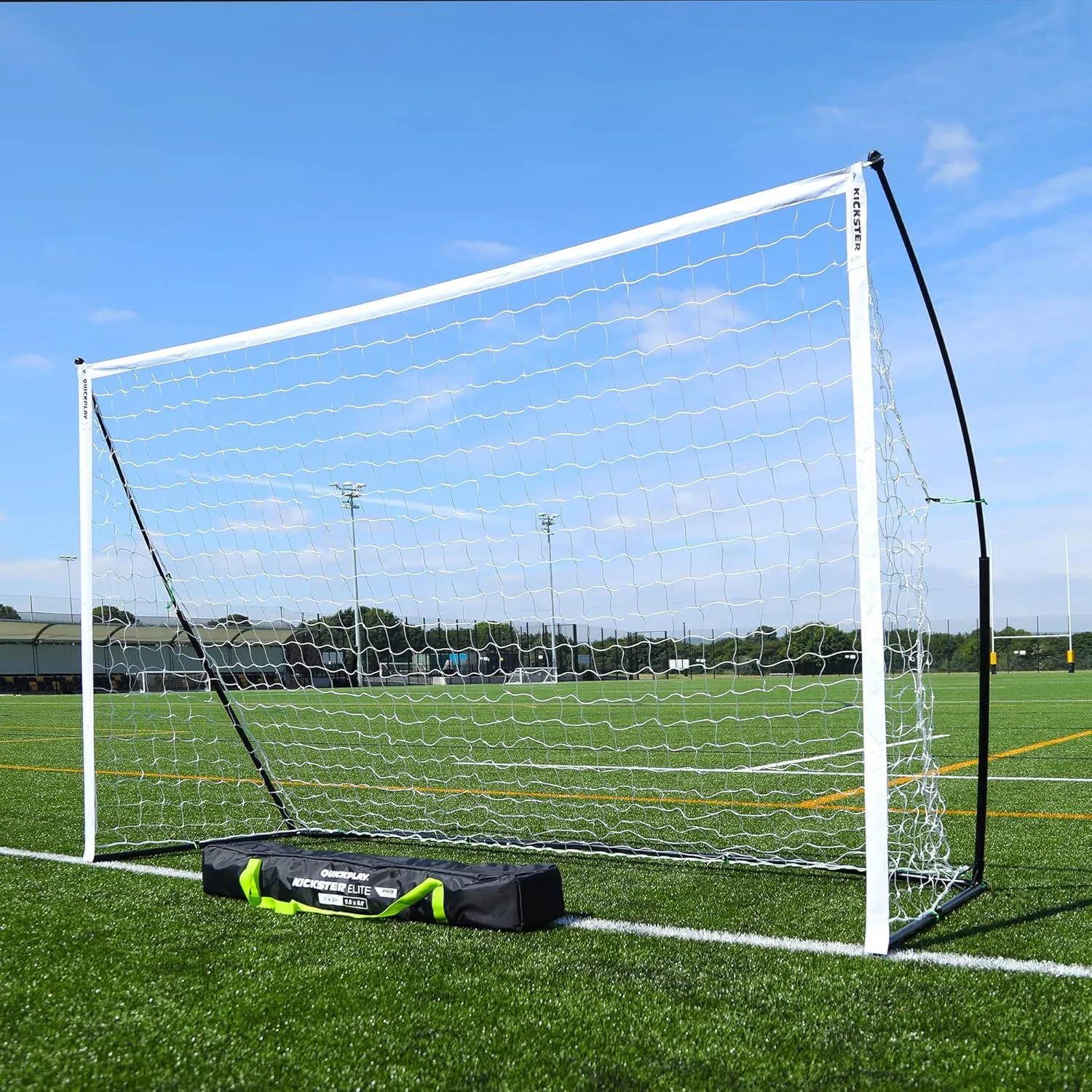 QUICKPLAY Kickster Elite Portable Soccer Goal | Integrated Weighted Base for Training on Turf, Hard Floors or Grass | Sizes 5x3', 6x4', 12x6', 16x7', & 3x2M [Single Goal]