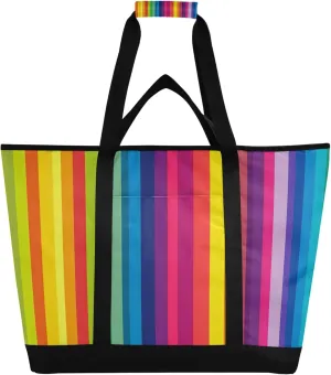 Rainbow Stripes Reusable Insulated Cooler Bag with Ice Pack Compartment - Large 47L Waterproof Thermal Grocery Tote for Picnic Beach Camping Lunch Storage