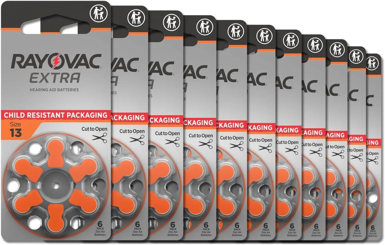 Rayovac Extra hearing aid batteries size 13. Long-lasting mercury-free zinc-air hearing aid batteries - 1.45v. (60 batteries)