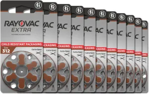 Rayovac Extra hearing aid batteries size 312. Long-lasting mercury-free zinc-air hearing aid batteries - 1.45v. (60 batteries)