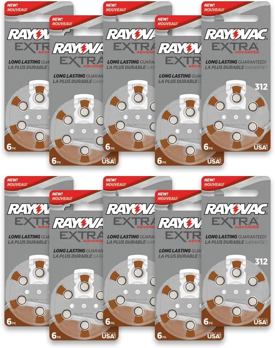 Rayovac Extra Size 312, 60 Hearing Aid Batteries, Made in The USA w/Battery Holder