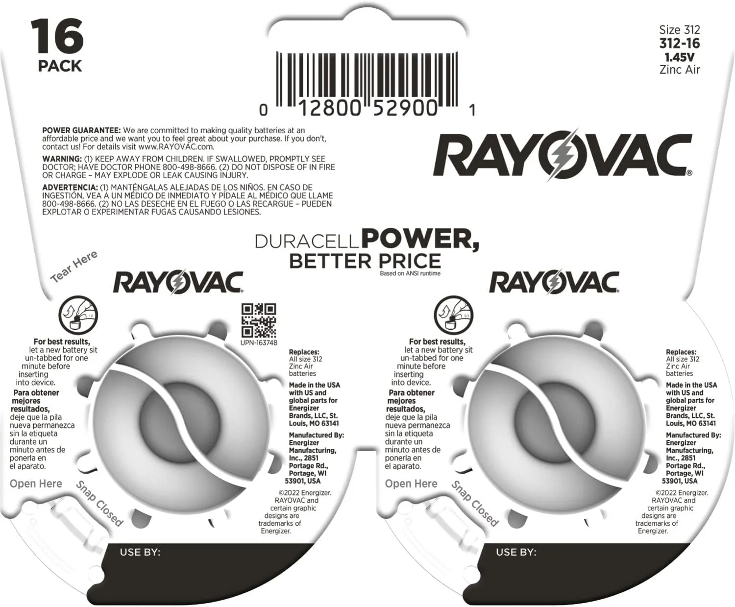 Rayovac Hearing Aid Batteries Size 312 for Advanced Hearing Aid Devices (16 Count)