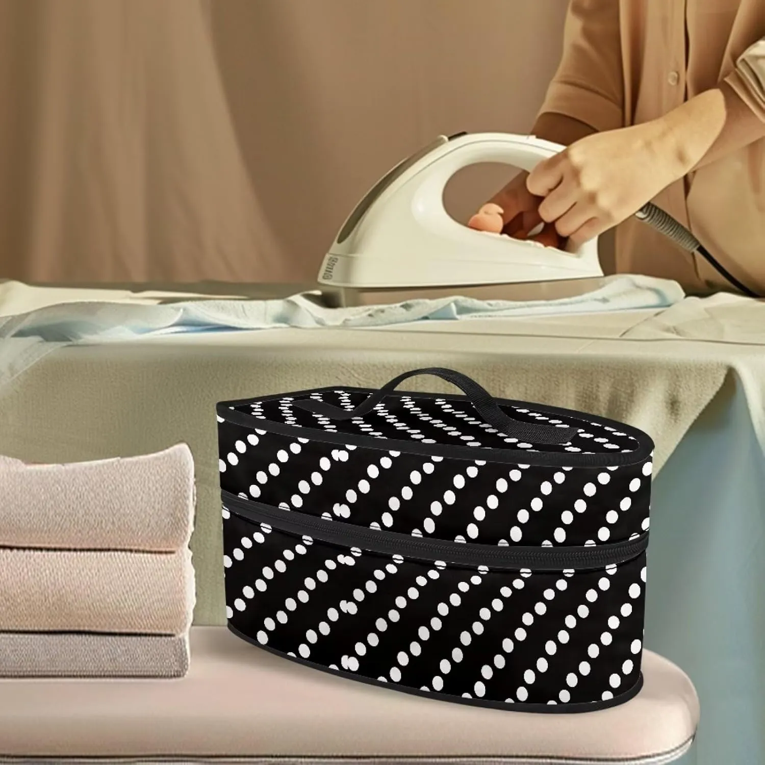 Rchsmod Black Polka Dot Print Steam Iron Case Portable Travel Iron Holder with Handle Lightweight Steamer Storage Bag Iron Accessories, Case Only