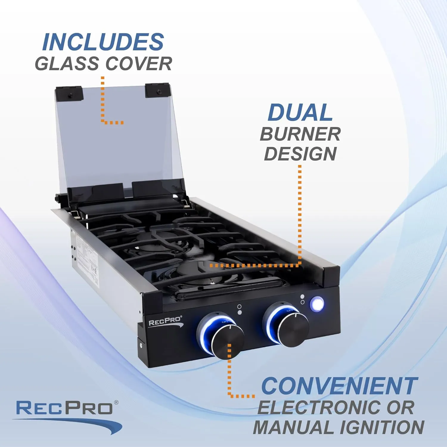 RecPro RV Built In Gas Cooktop | 2 Burner or 3 Burner | RV Cooktop Stove | 6,500 and 8,000 BTU Burners | Cover Included (Stainless Steel, 2-Burner)
