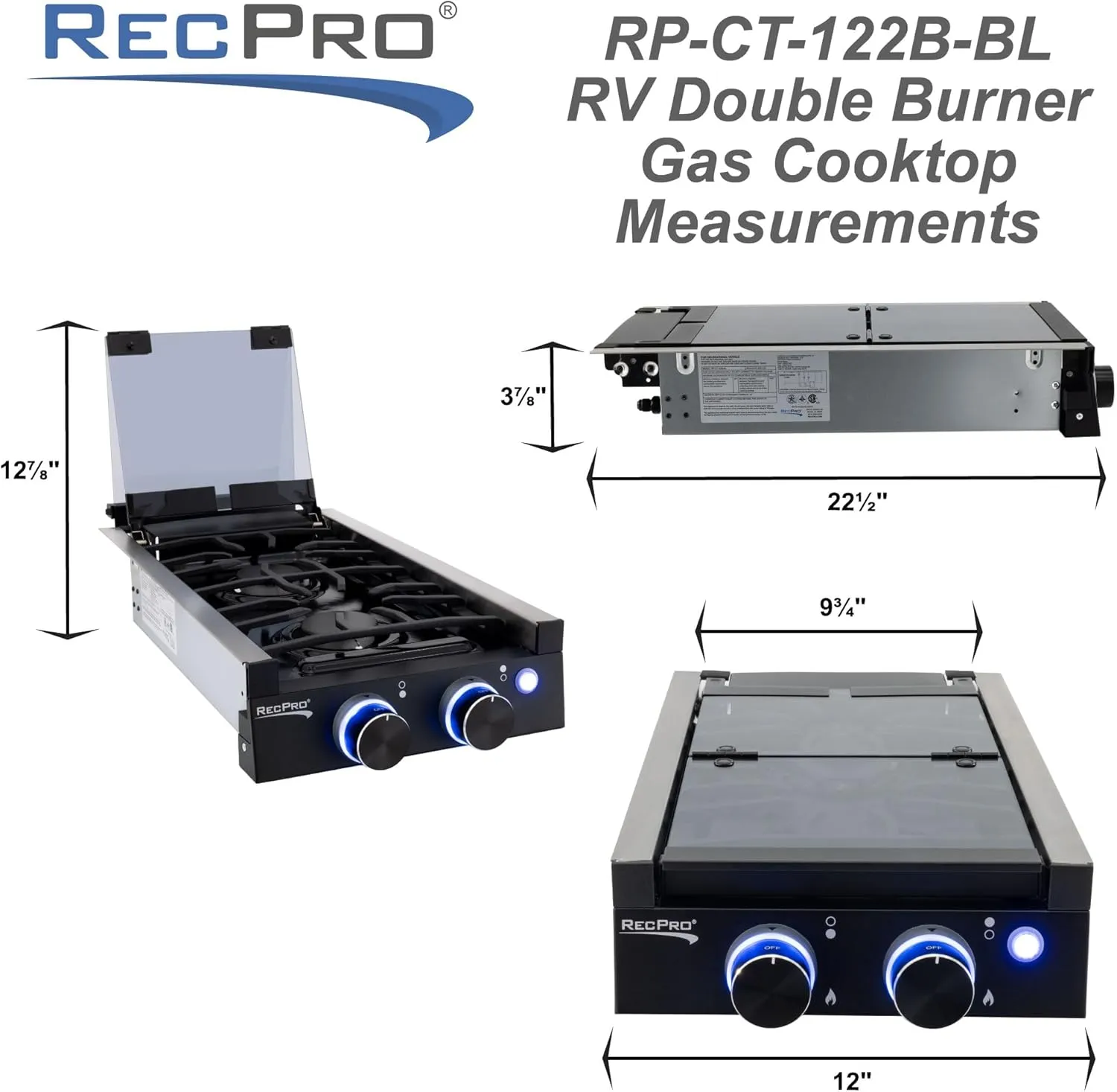 RecPro RV Built In Gas Cooktop | 2 Burner or 3 Burner | RV Cooktop Stove | 6,500 and 8,000 BTU Burners | Cover Included (Stainless Steel, 2-Burner)