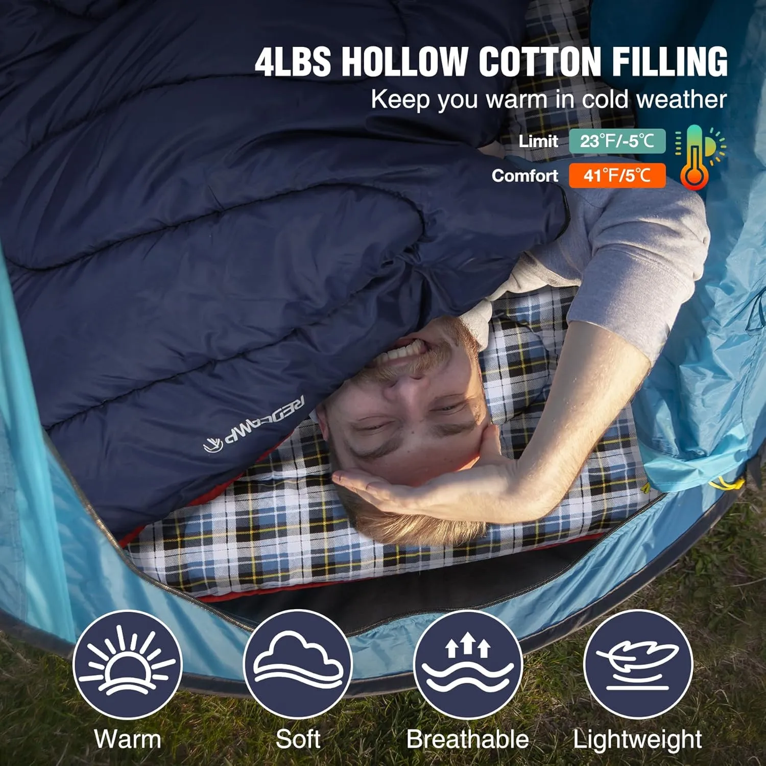 REDCAMP Cotton Flannel Sleeping Bag for Camping Backpacking, Adults Cold Weather Envelope Sleeping Bags with 2/3/4lbs Filling