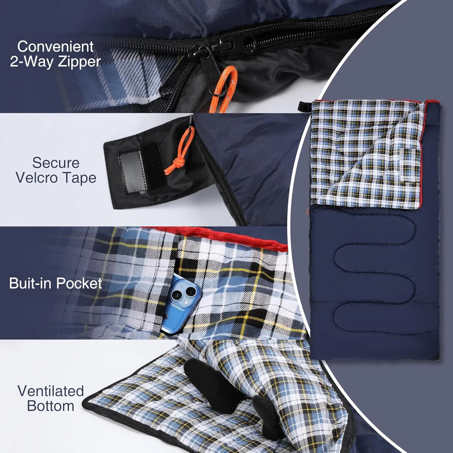 REDCAMP Cotton Flannel Sleeping Bag for Camping Backpacking, Adults Cold Weather Envelope Sleeping Bags with 2/3/4lbs Filling