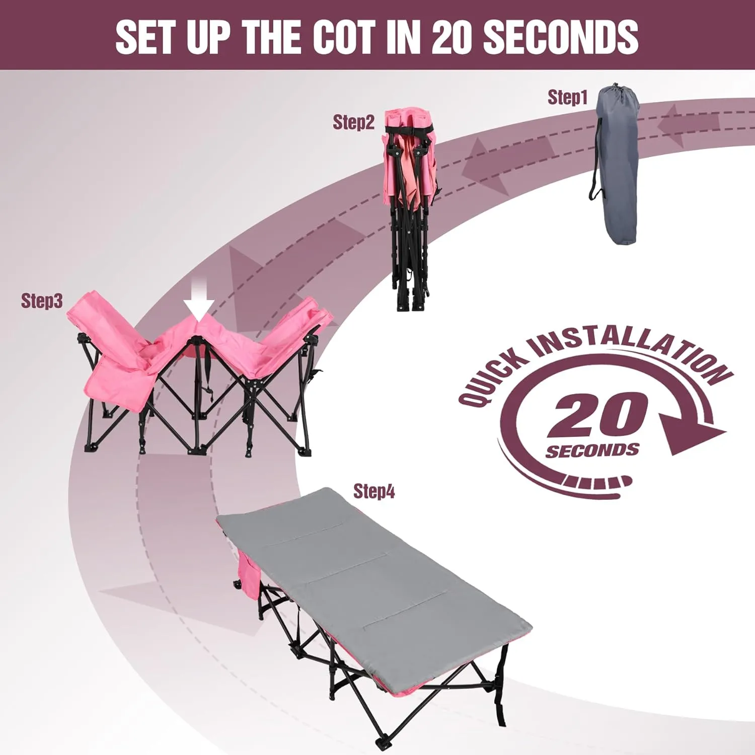 REDCAMP Kids Foldable Camping Cot with Mattress Pad, 220 LBS Child Durable Sleeping Bed with Pocket and Carry Bag Portable for Home, Travelling, Pink