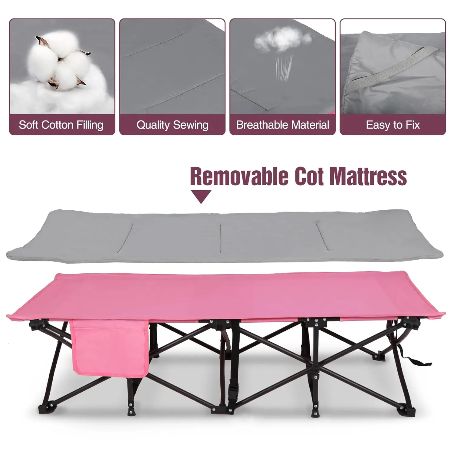 REDCAMP Kids Foldable Camping Cot with Mattress Pad, 220 LBS Child Durable Sleeping Bed with Pocket and Carry Bag Portable for Home, Travelling, Pink