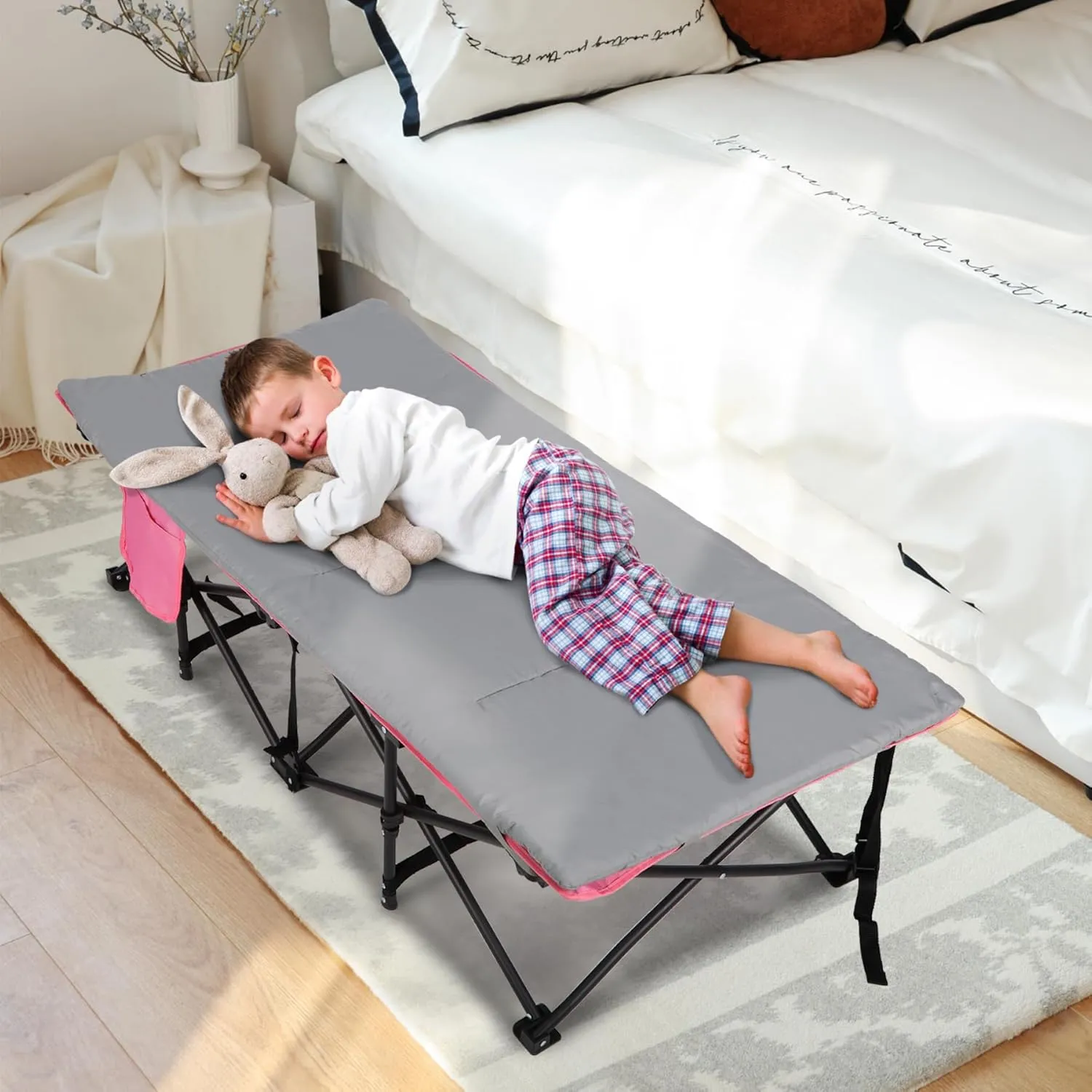 REDCAMP Kids Foldable Camping Cot with Mattress Pad, 220 LBS Child Durable Sleeping Bed with Pocket and Carry Bag Portable for Home, Travelling, Pink