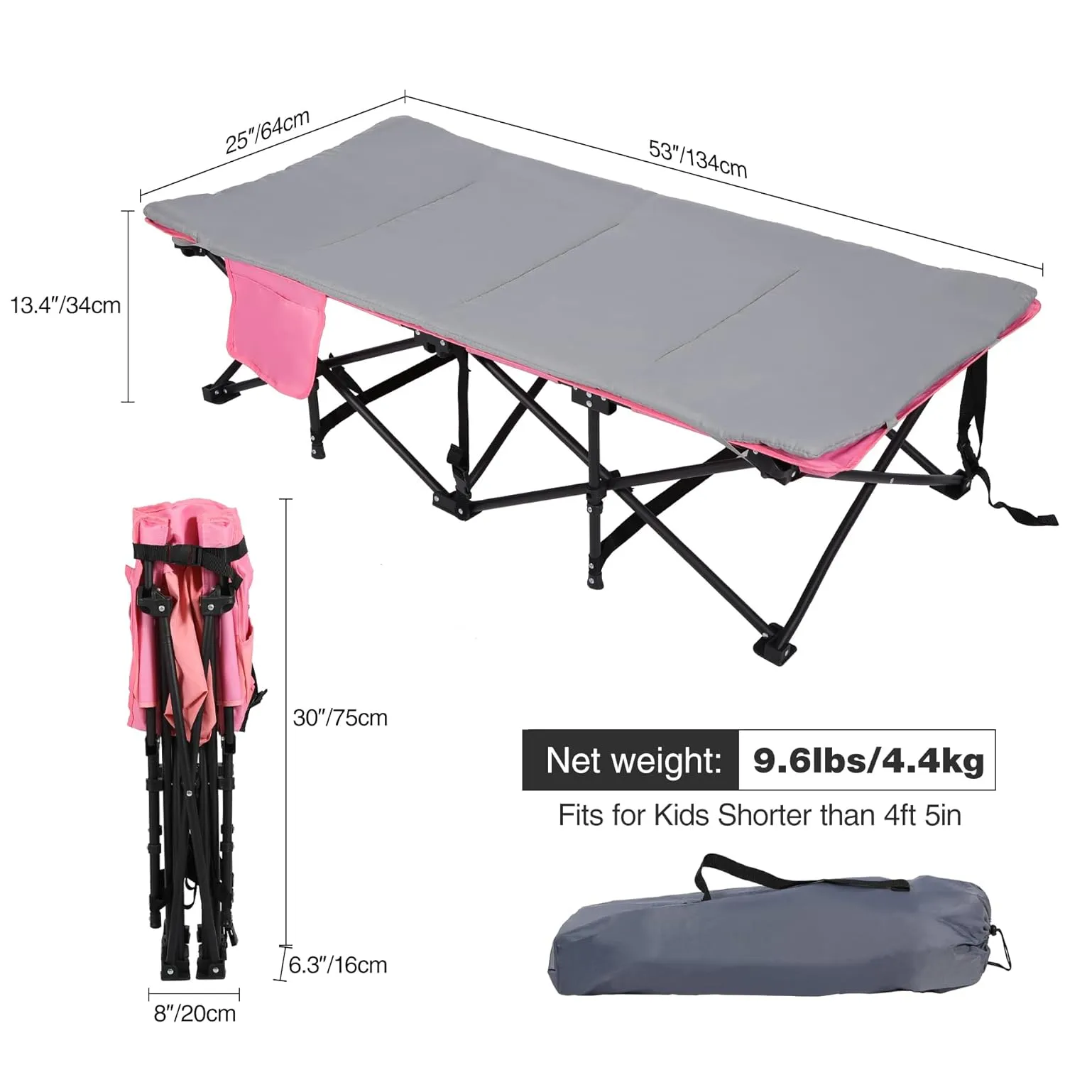 REDCAMP Kids Foldable Camping Cot with Mattress Pad, 220 LBS Child Durable Sleeping Bed with Pocket and Carry Bag Portable for Home, Travelling, Pink