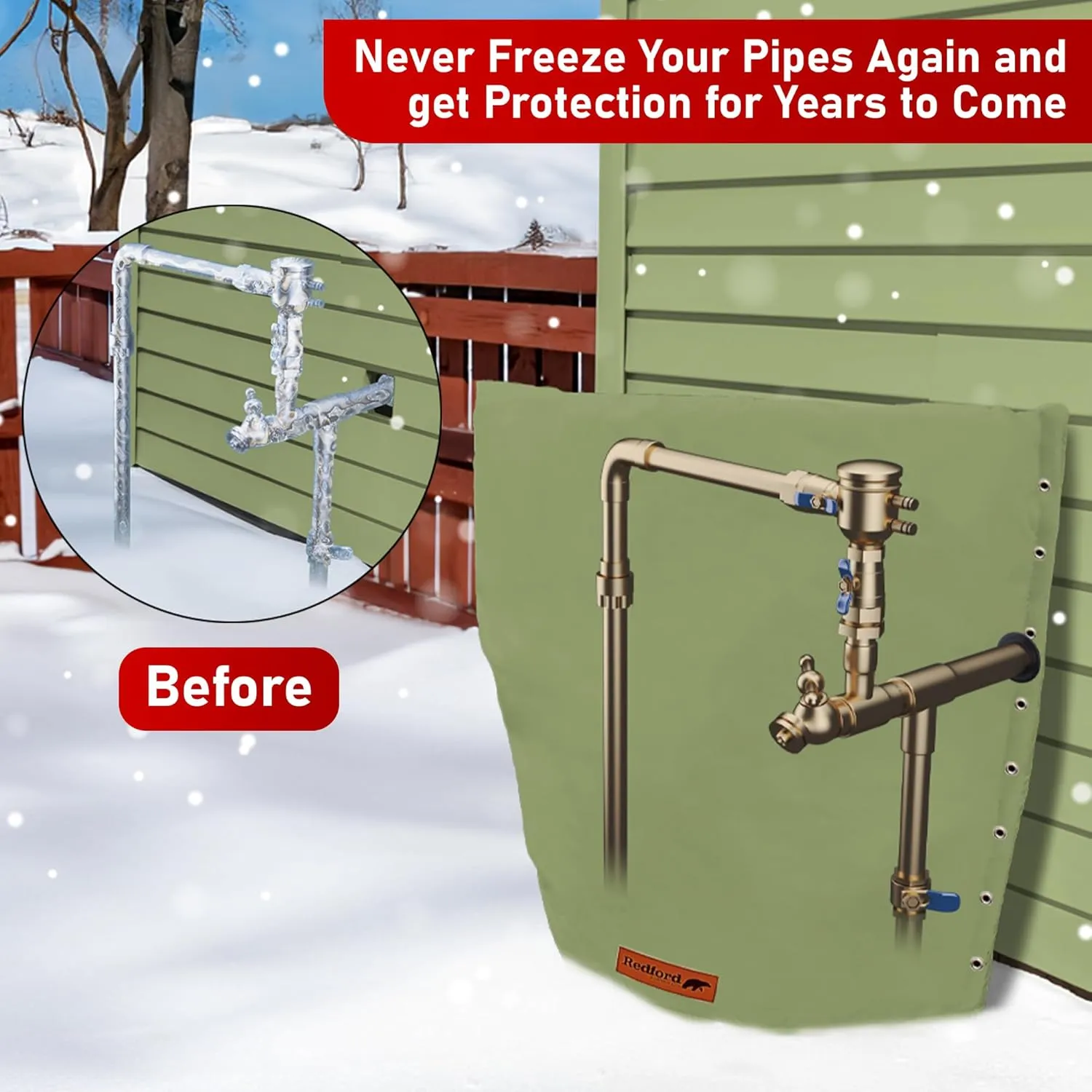 Redford Supply Co. Cold Snap (5°F) Backflow Preventer Insulation Cover, 3-Way Custom, 36" W x 24" H, Pipe Insulation, Water Sprinkler Covers for Outside, Sprinkler Backflow Cover for Winter (Green)