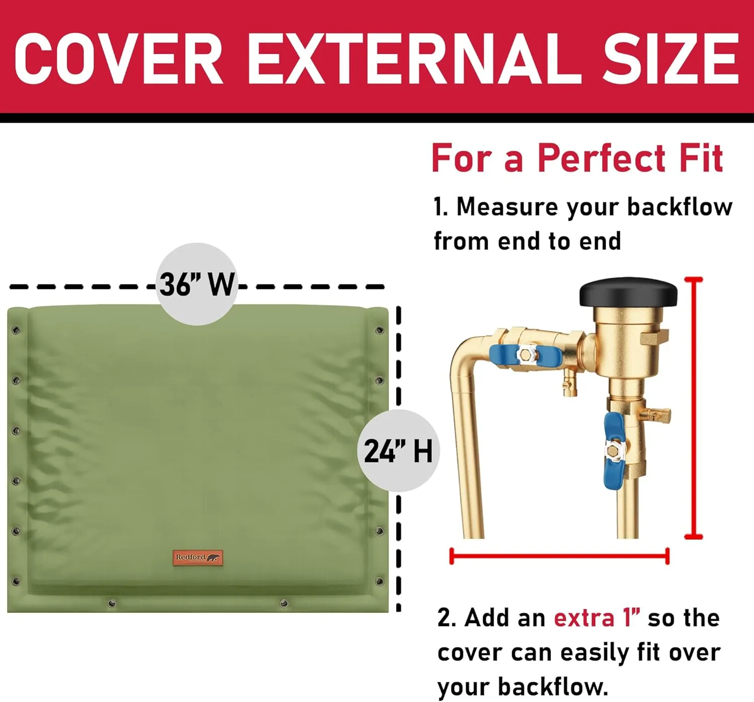 Redford Supply Co. Cold Snap (5°F) Backflow Preventer Insulation Cover, 3-Way Custom, 36" W x 24" H, Pipe Insulation, Water Sprinkler Covers for Outside, Sprinkler Backflow Cover for Winter (Green)