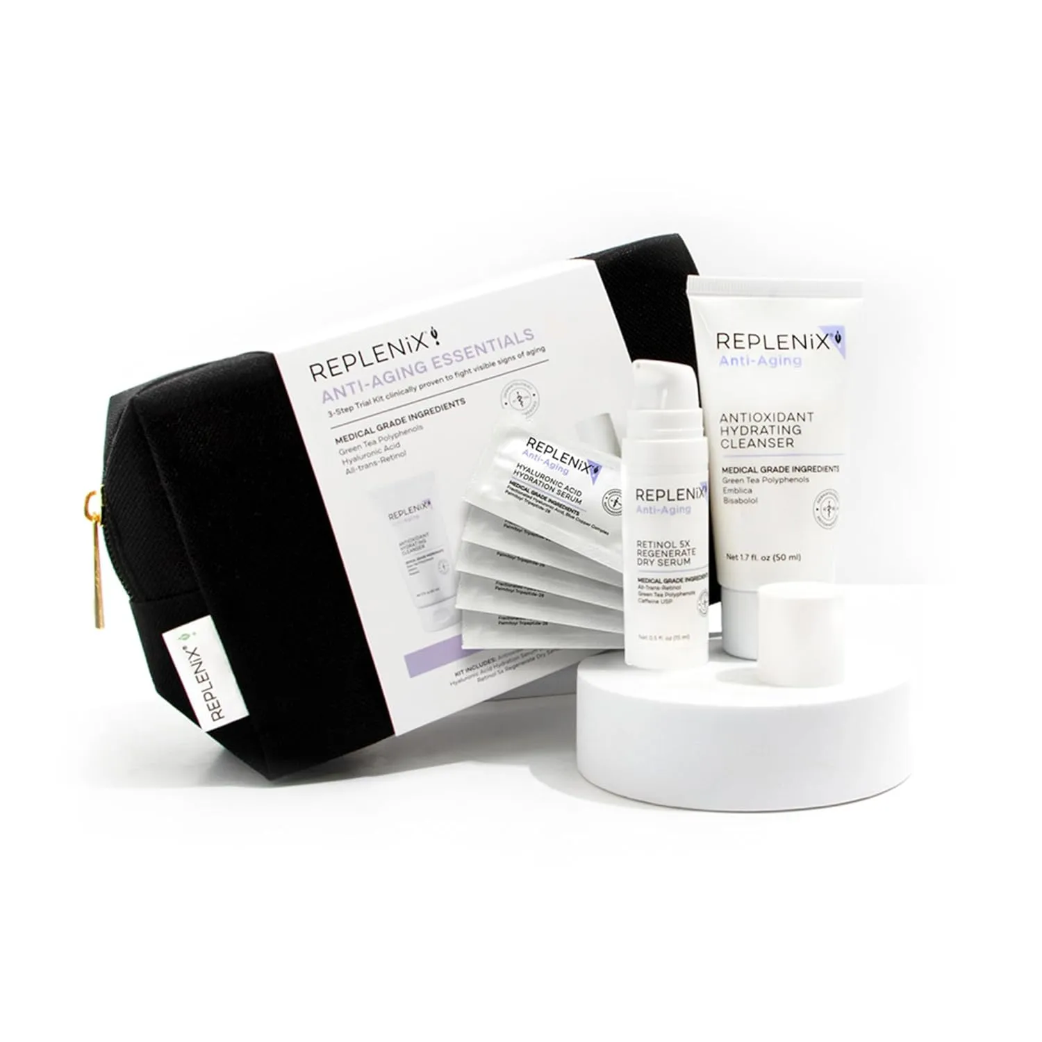Replenix Anti-Aging Essentials 3 Step Trial Kit, Travel-Size Skincare Products for Mature Skin (Hyaluronic Acid Serum, Hydrating Cleanser, Retinol Serum), Cruelty and Paraben free
