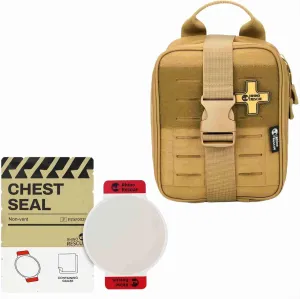 RHINO RESCUE Bundle- Non-Vented Chest Seal, IFAK Emergency Trauma Dressing IFAK Trauma Kit, Tactical First Aid Kit Molle Pouch for Military， Coyote Brown