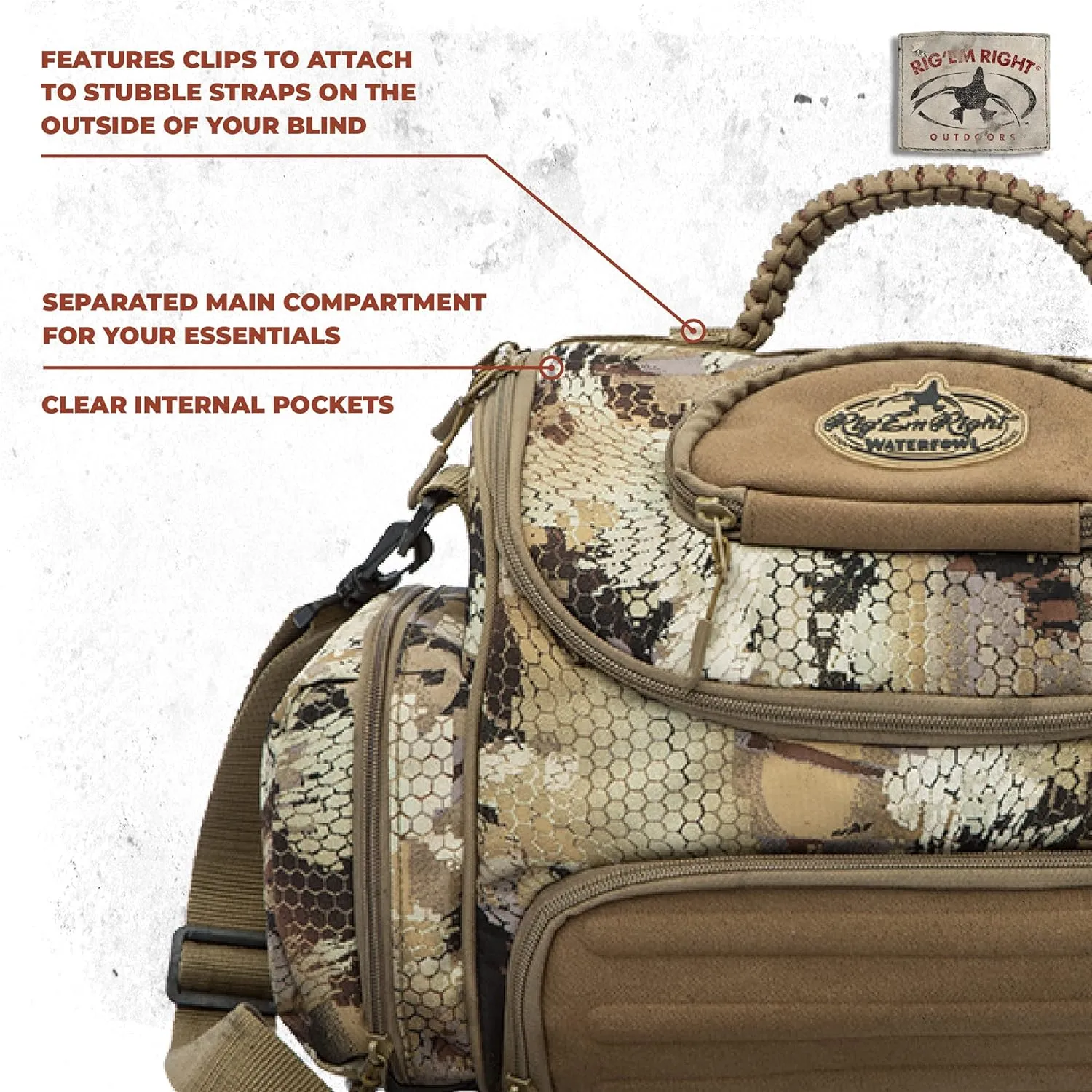 Rig'Em Right Waterfowl Lock and Load Duck Hunting Blind Bag with Molded Ammo Compartments, Sunglasses Case, Drink Holder and More (Optifade Marsh Camo)