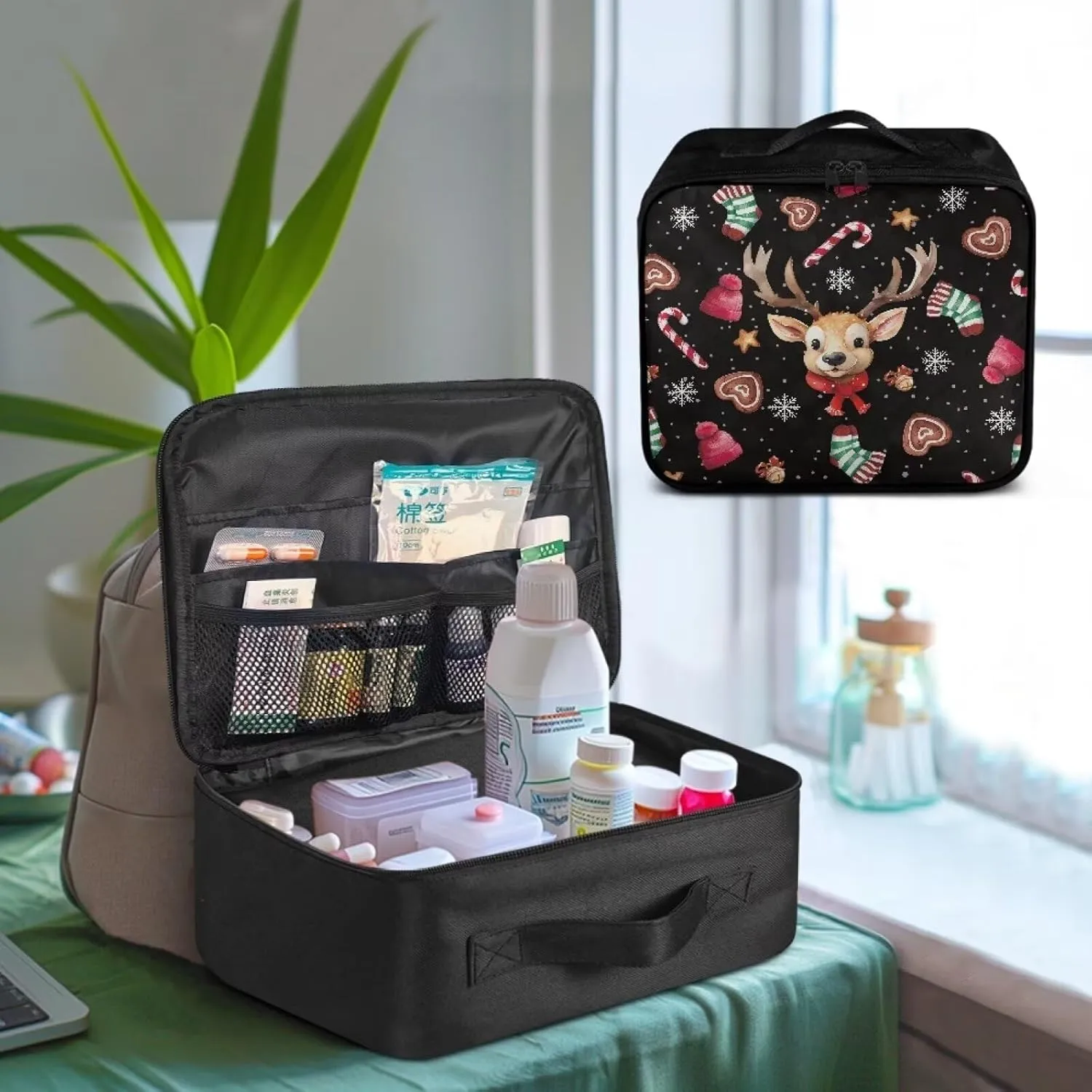 Rnyleeg Christmas First Aid Bag Black Empty First Aid Kit for Home Travel Medicine Bag Organizer Portable Car Medical Kit Cute Elk