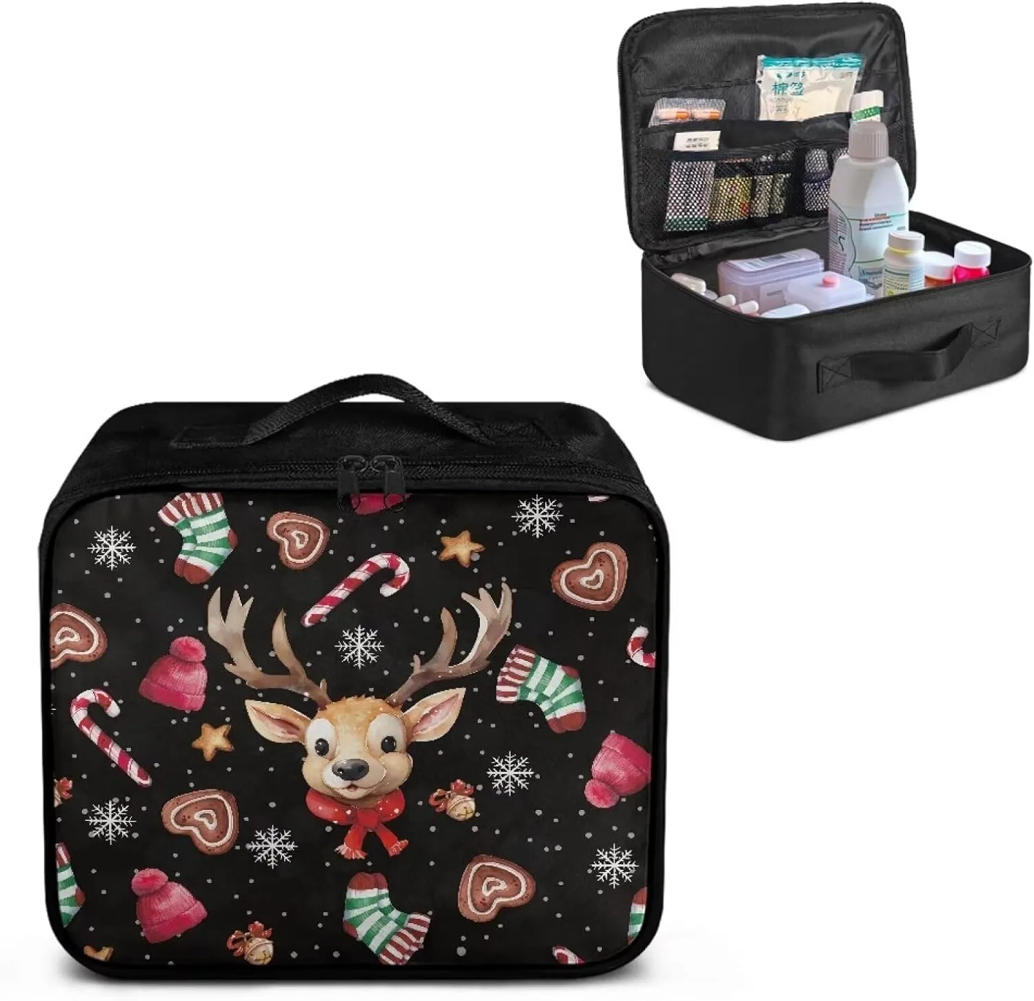 Rnyleeg Christmas First Aid Bag Black Empty First Aid Kit for Home Travel Medicine Bag Organizer Portable Car Medical Kit Cute Elk