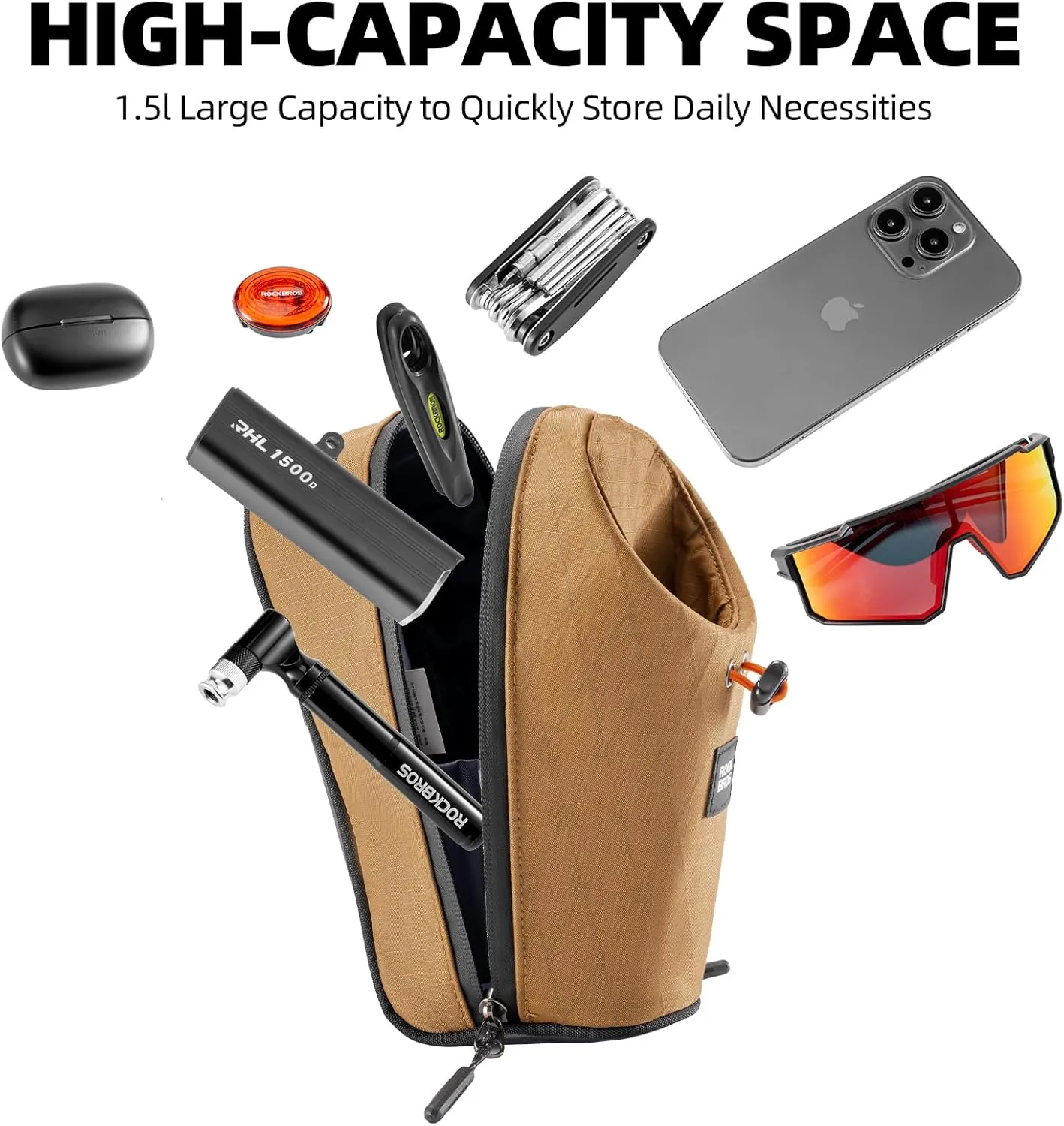 ROCKBROS Electric Scooter Bag, Bike Handlebar Bag with External Water Bottle Holder, 1.5L Magnetic Snap Storage Bag for Electric Scooters,Ebike and Folding Bicycles,Brown