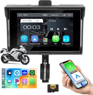 Roinvou Motorcycle GPS Carplay Screen, Wireless CarPlay & Android Auto for Moto, 5 inch Waterproof Touchscreen, Support Bluetooth, Loop Recording, Navigation, EQ, Siri, G00gle Assistant, TF-64G