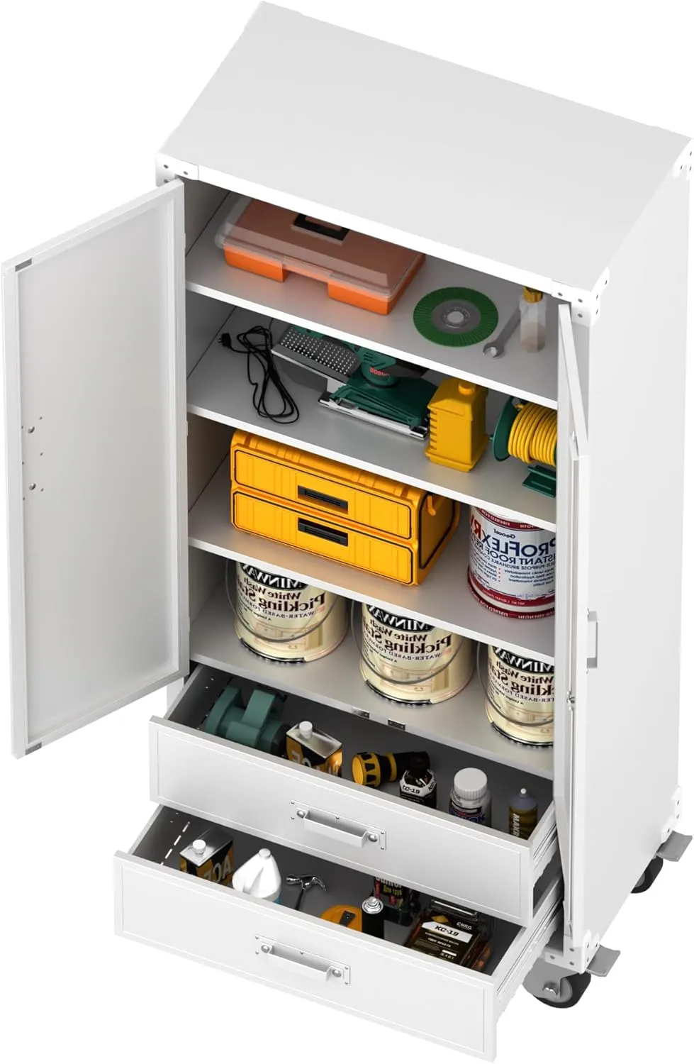 Rolling Storage Cabinet with 2 Doors and 2 Drawers, Heavy Duty Metal Storage Cabinet with Shelves, Locking Steel Cabinet for Warehouse, Home, Office (White)