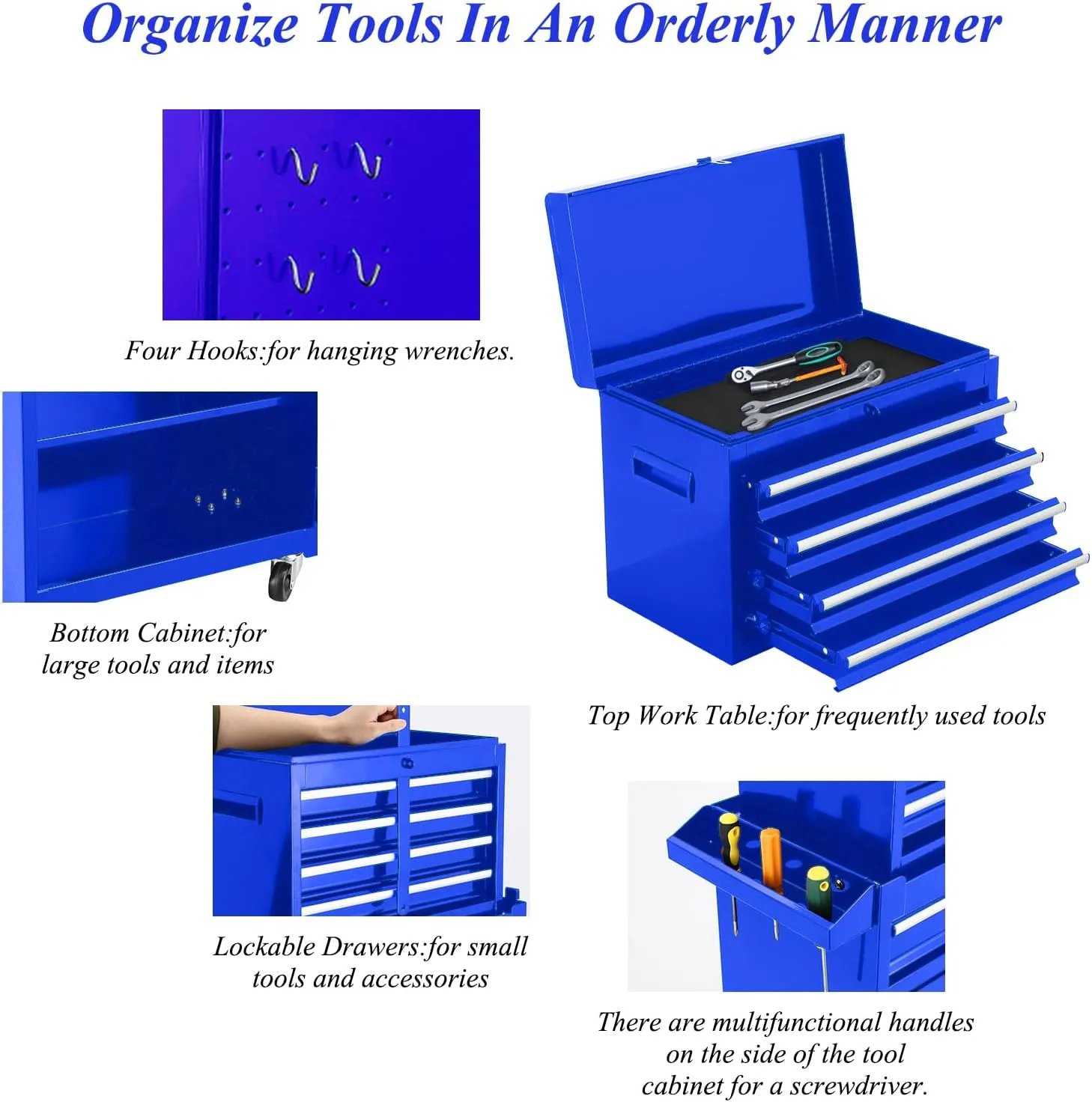 Rolling Tool Box With Wheels And Drawers,5-Drawer Large Toolboxes On Wheels,Locking Tool Chest,Tool Cabinets For Garage (Blue Stack-on Tool Box)