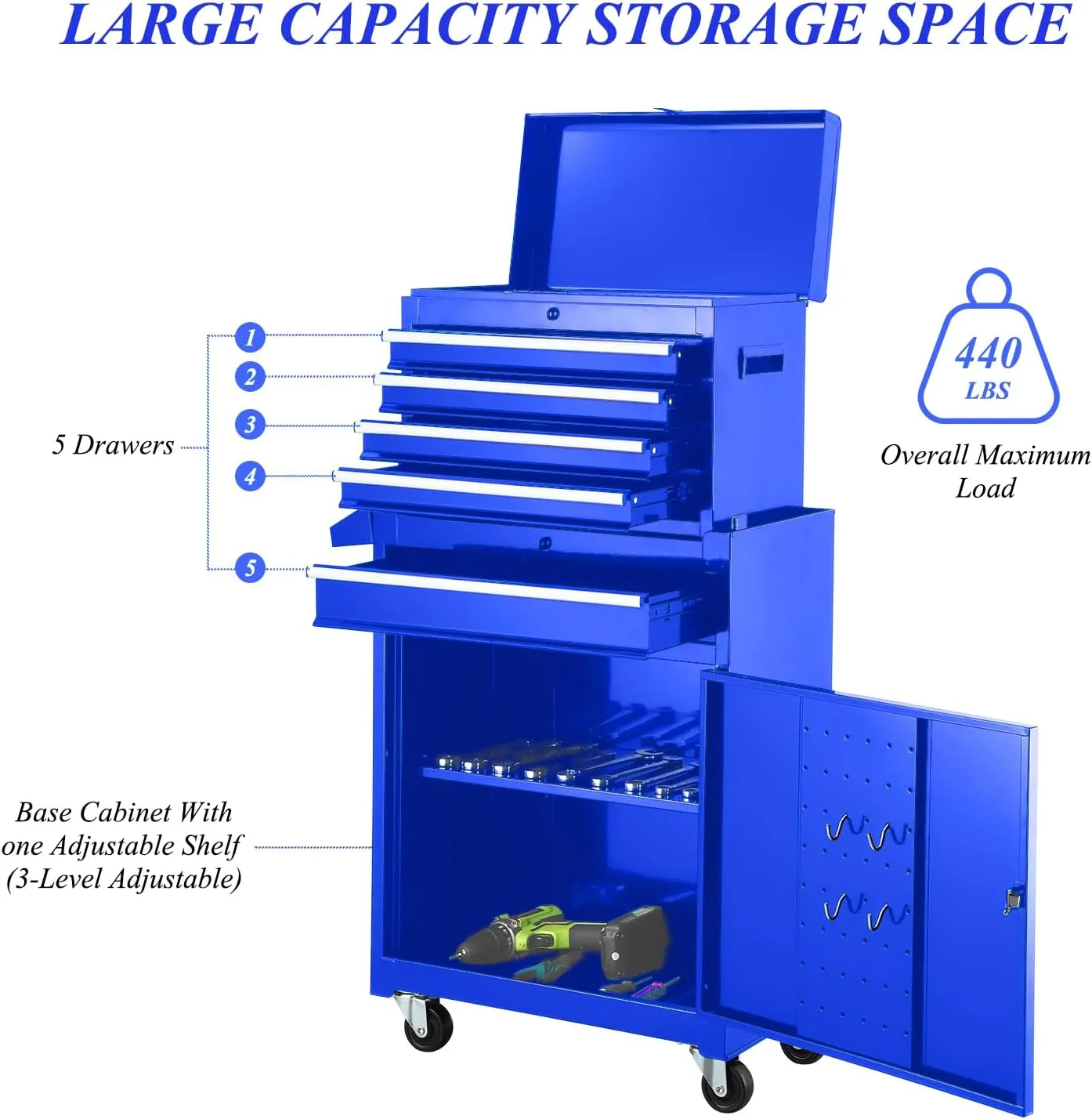 Rolling Tool Box With Wheels And Drawers,5-Drawer Large Toolboxes On Wheels,Locking Tool Chest,Tool Cabinets For Garage (Blue Stack-on Tool Box)