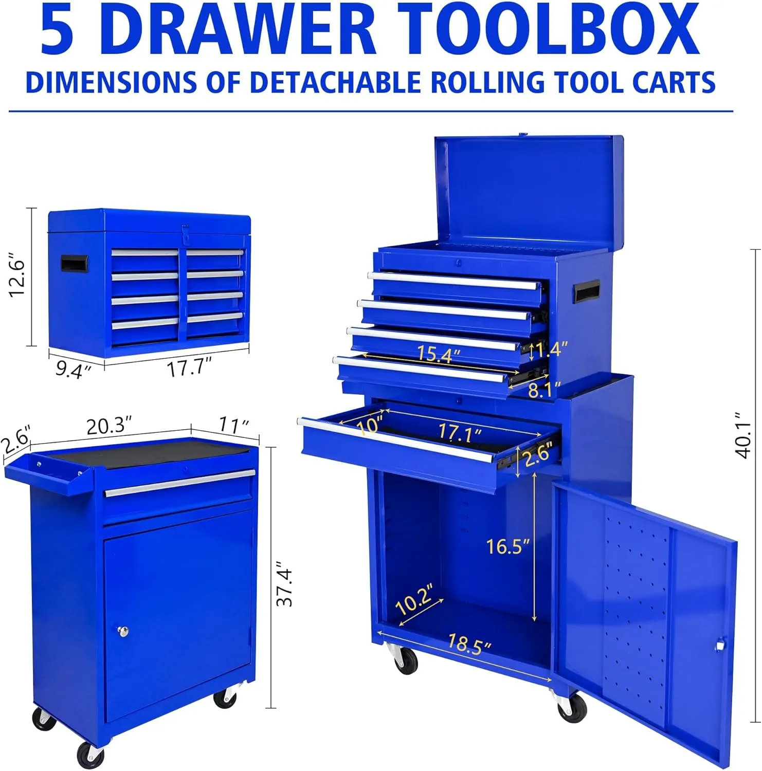 Rolling Tool Box With Wheels And Drawers,5-Drawer Large Toolboxes On Wheels,Locking Tool Chest,Tool Cabinets For Garage (Blue Stack-on Tool Box)