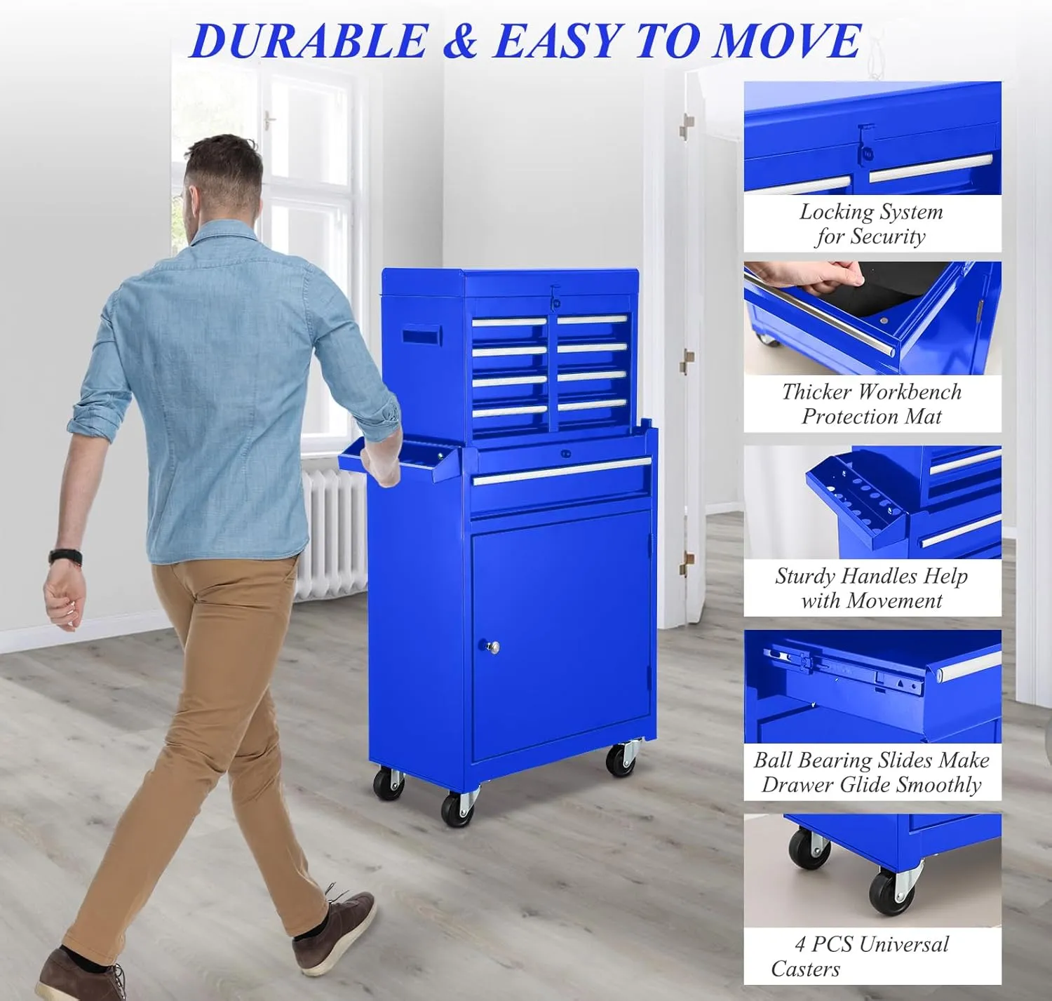 Rolling Tool Box With Wheels And Drawers,5-Drawer Large Toolboxes On Wheels,Locking Tool Chest,Tool Cabinets For Garage (Blue Stack-on Tool Box)