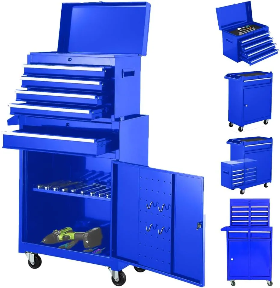 Rolling Tool Box With Wheels And Drawers,5-Drawer Large Toolboxes On Wheels,Locking Tool Chest,Tool Cabinets For Garage (Blue Stack-on Tool Box)